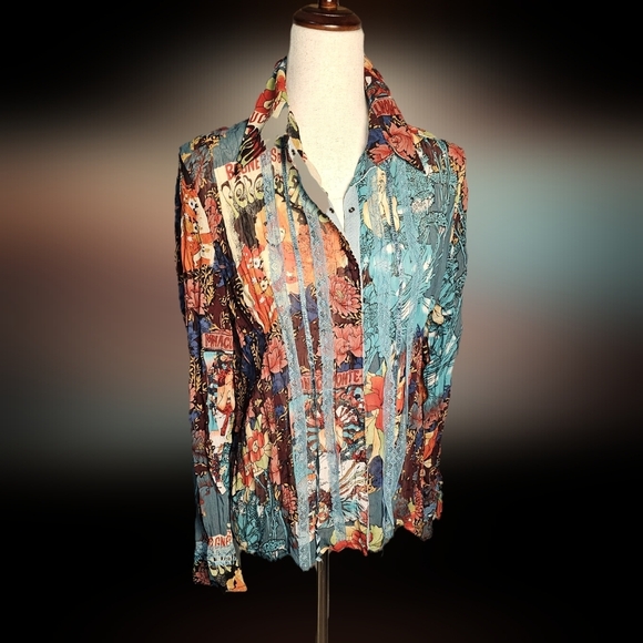Vintage Claudia Richards Colorful Comic Print Shirt with flowy ribbons Size Lg - Picture 1 of 10